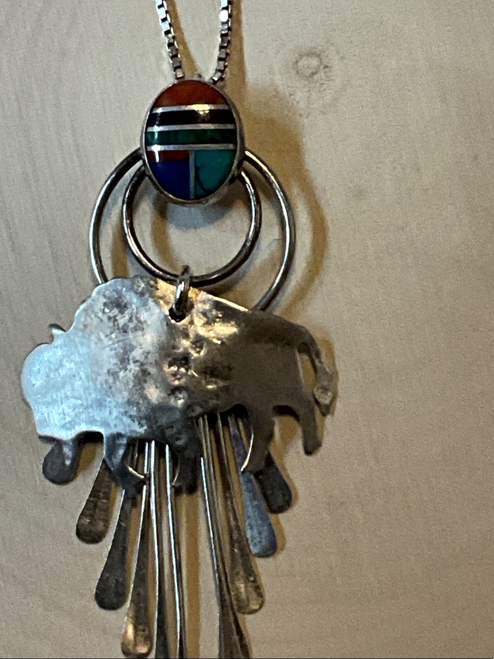 Sterling Silver Buffalo Pendant Necklace with Multicolor Inlay - Picture 2 of 14